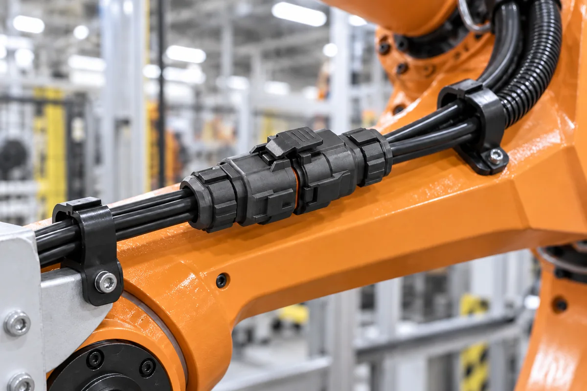 産業用ロボットのアームに沿って配線され、嵌合したAquaLock X