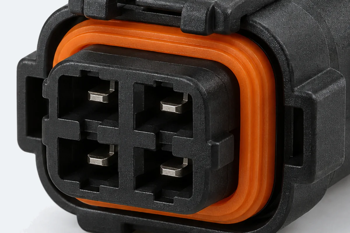AquaLock Xの嵌合部のクローズアップ。4極のコンタクトの周囲にオレンジ色のシリコーンシールを配置